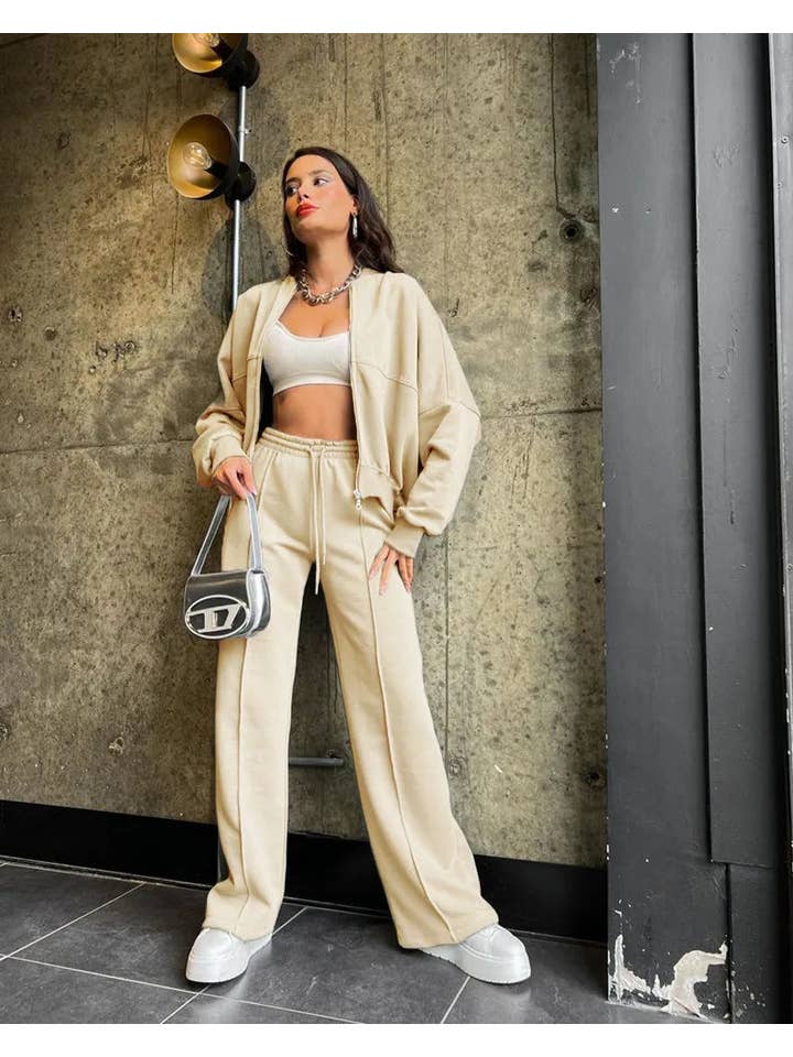 Vibesoothe - Venta al por mayor Conjuntos de top y pantalón (NO para estar en casa) - Mujer - Conjunto Urbano Chic - Cárdigan Verde con Cremallera y Pantalones