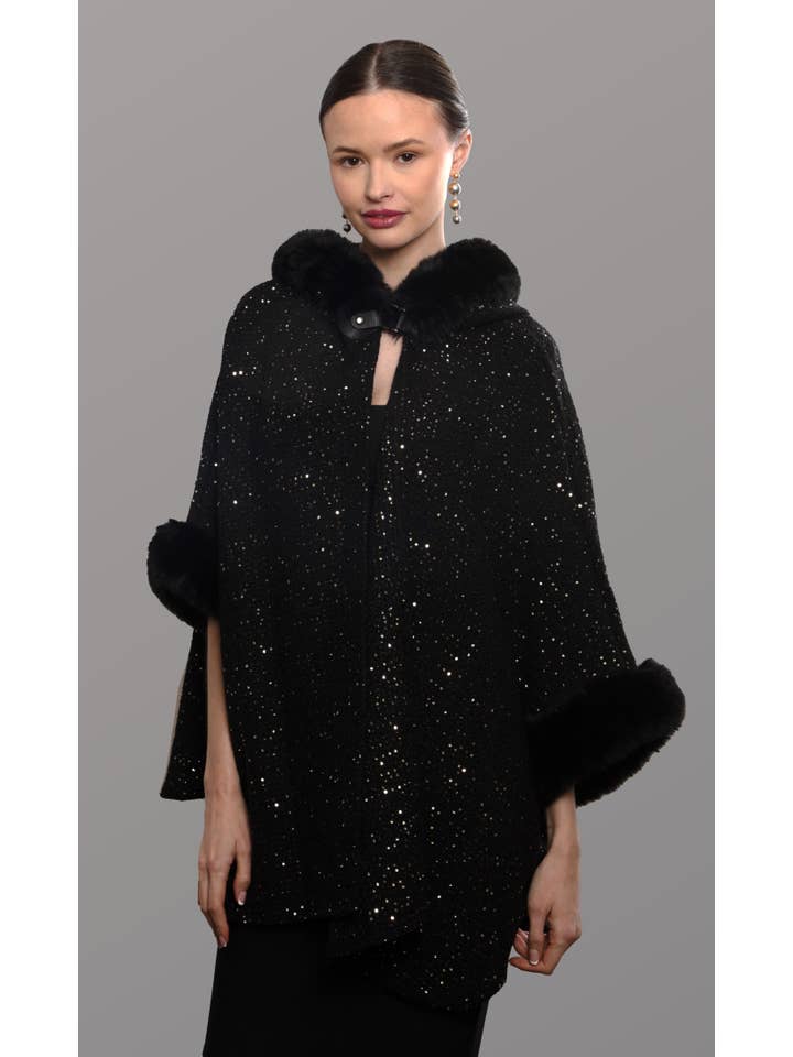 SAACHI - Vendita all'ingrosso Kimono - Donna - Kimono con paillettes e cappuccio in pelliccia sintetica