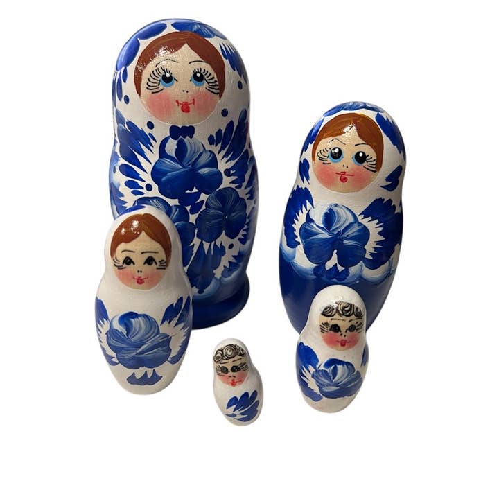 SMALL Blue/White Nesting Dolls Set , 5 Pcs/4.2" Gzhel for wholesale by GSZ corporation DBA Gabriella's Gifts