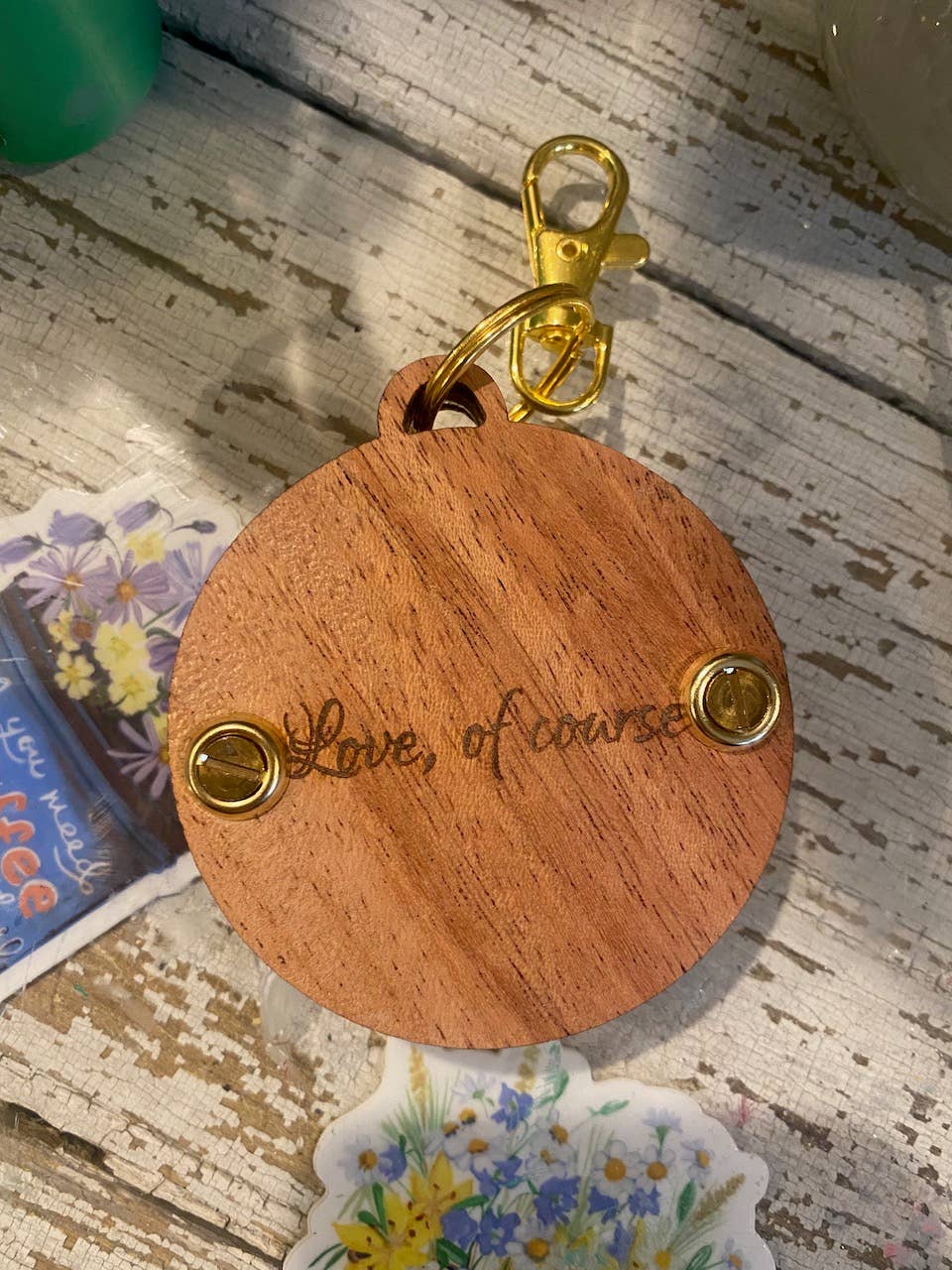 Holly Hills Lane - Wholesale Keychain – Women's - Mahogany Heart Pocket Flower Press Keychain with Oak Inlay11