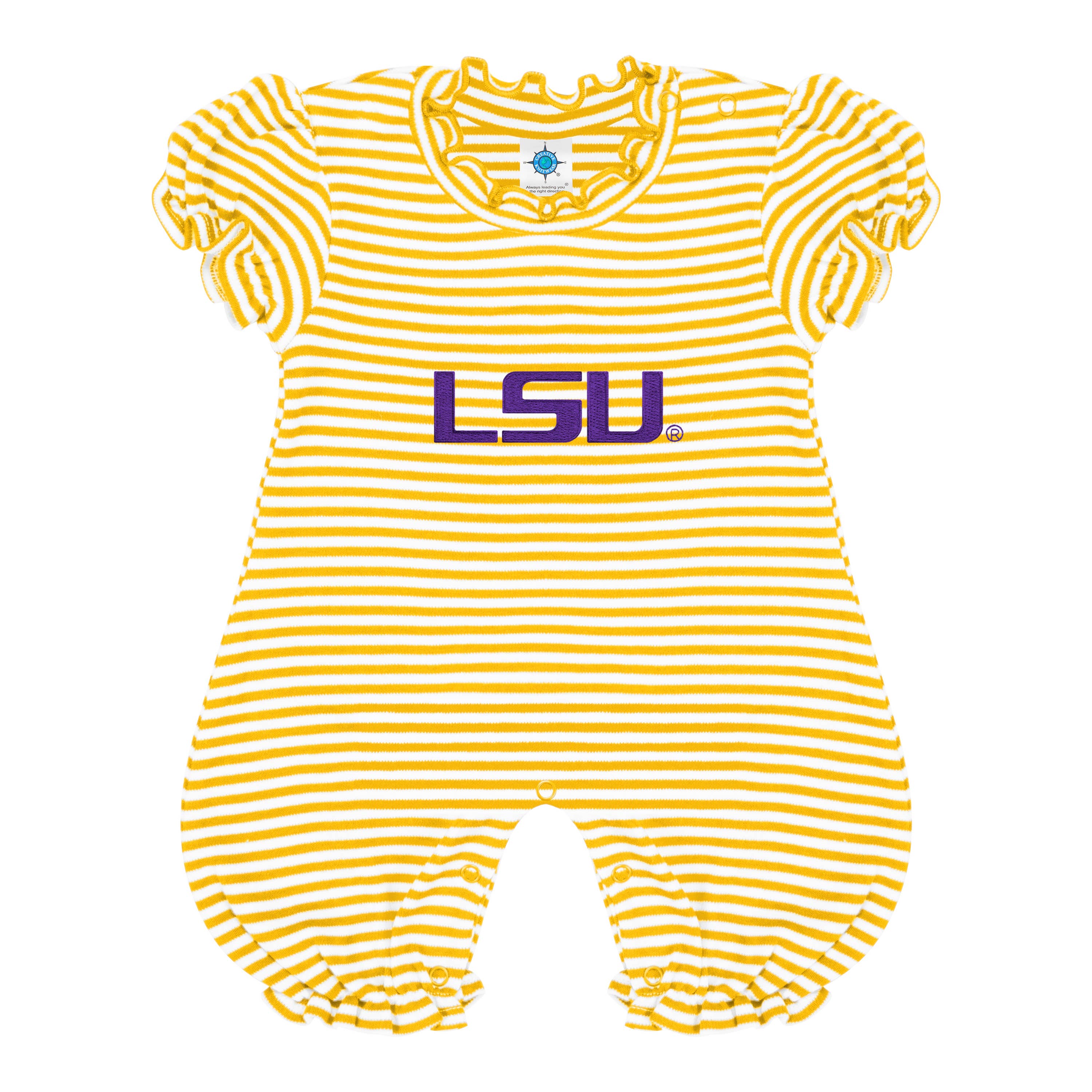 Creative Knitwear - Wholesale Romper - Kids - LSU Tigers Striped Infant Puff Sleeve Romper3