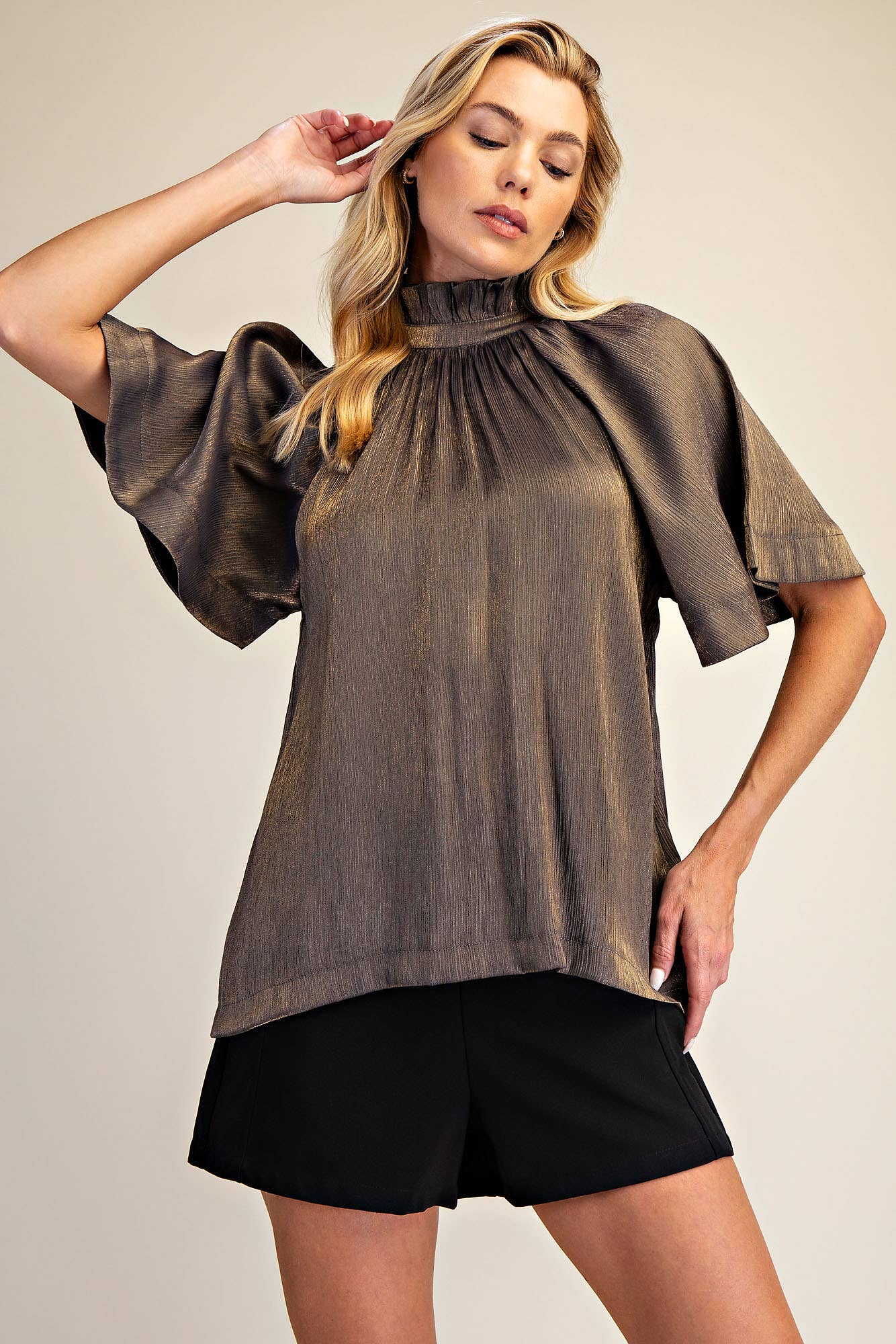 Glam - Wholesale Blouse - Women's - Ruffle Neck Raglan Sleeve Blouse1