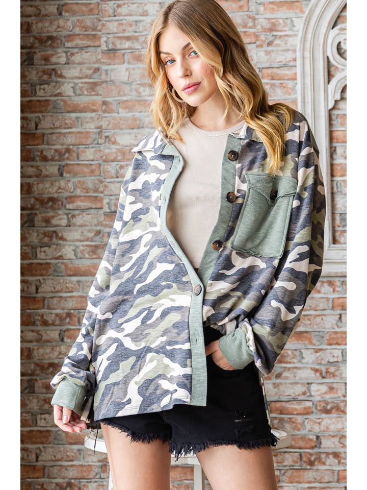 Olive Camouflage knit shirt jacket-LT4604A for wholesale on Faire1