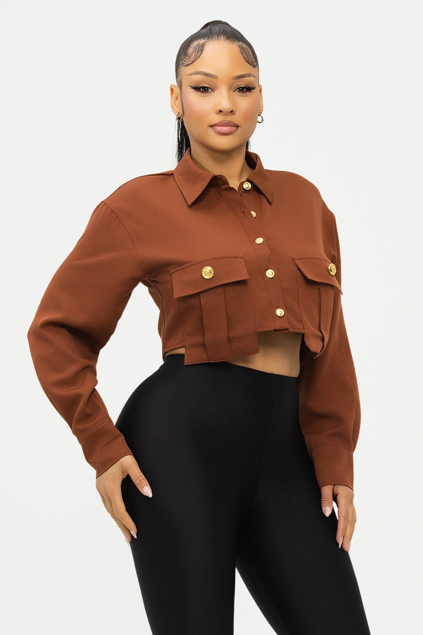 Julia by LoveJ - Vente Chemise à col boutonné – femme - Haut à boutons devant avec poches surdimensionnées6