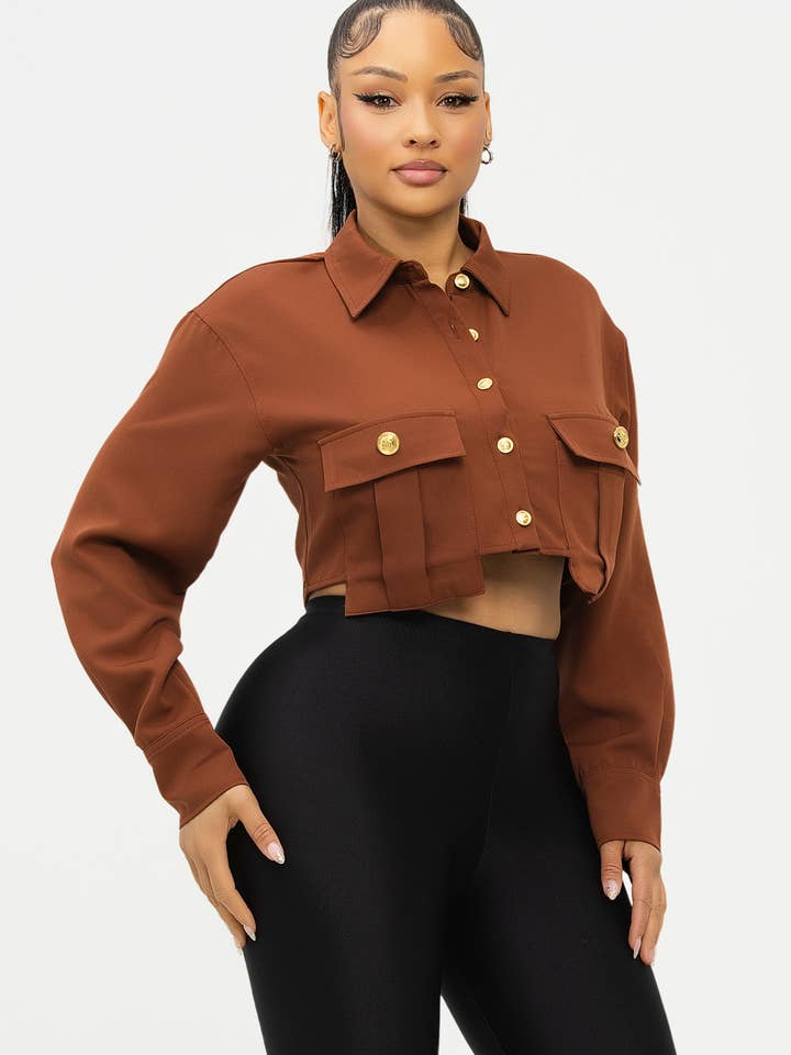 Julia by LoveJ - Wholesale Button Down Shirt - Women's - Front Button Down Detail Oversized Pockets Top1