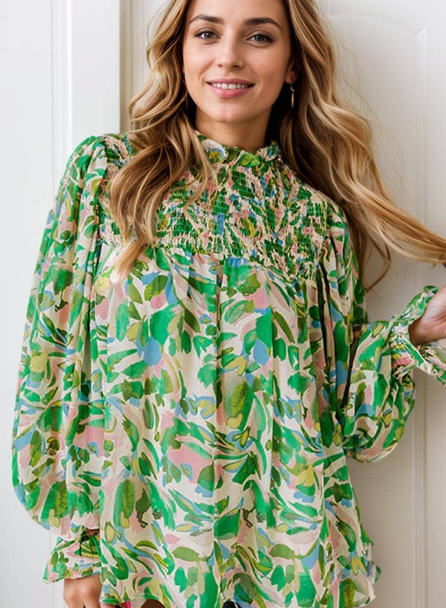 Vert Blouse froncée à col montant à manches volantées et imprimé feuillu en vente sur Faire10