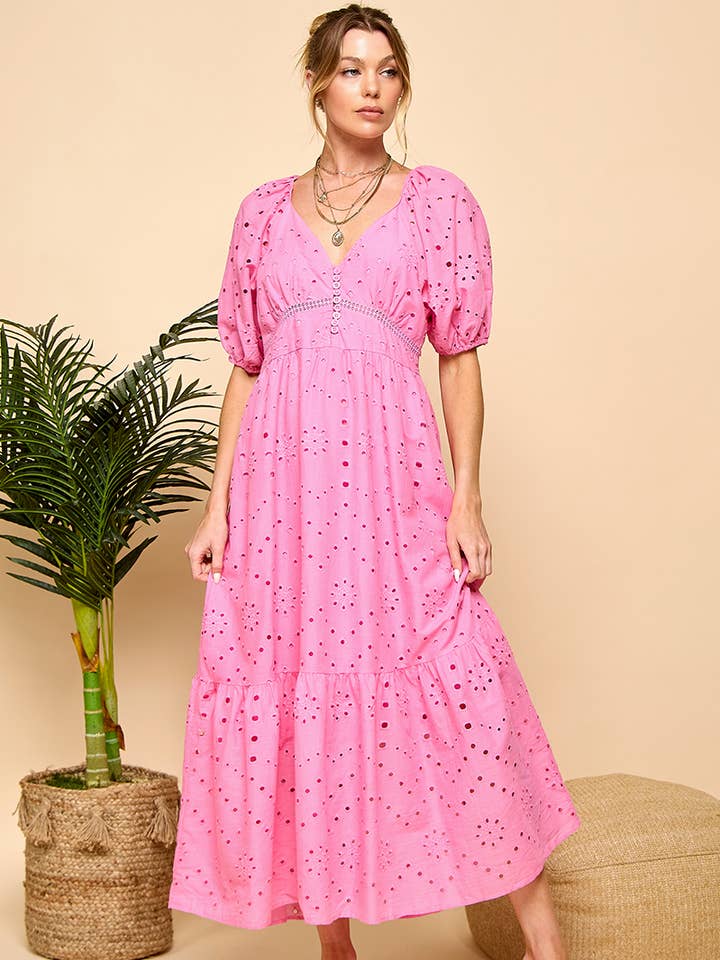 Söt klänning med puffärmar och hålmönster för wholesale av Cezele