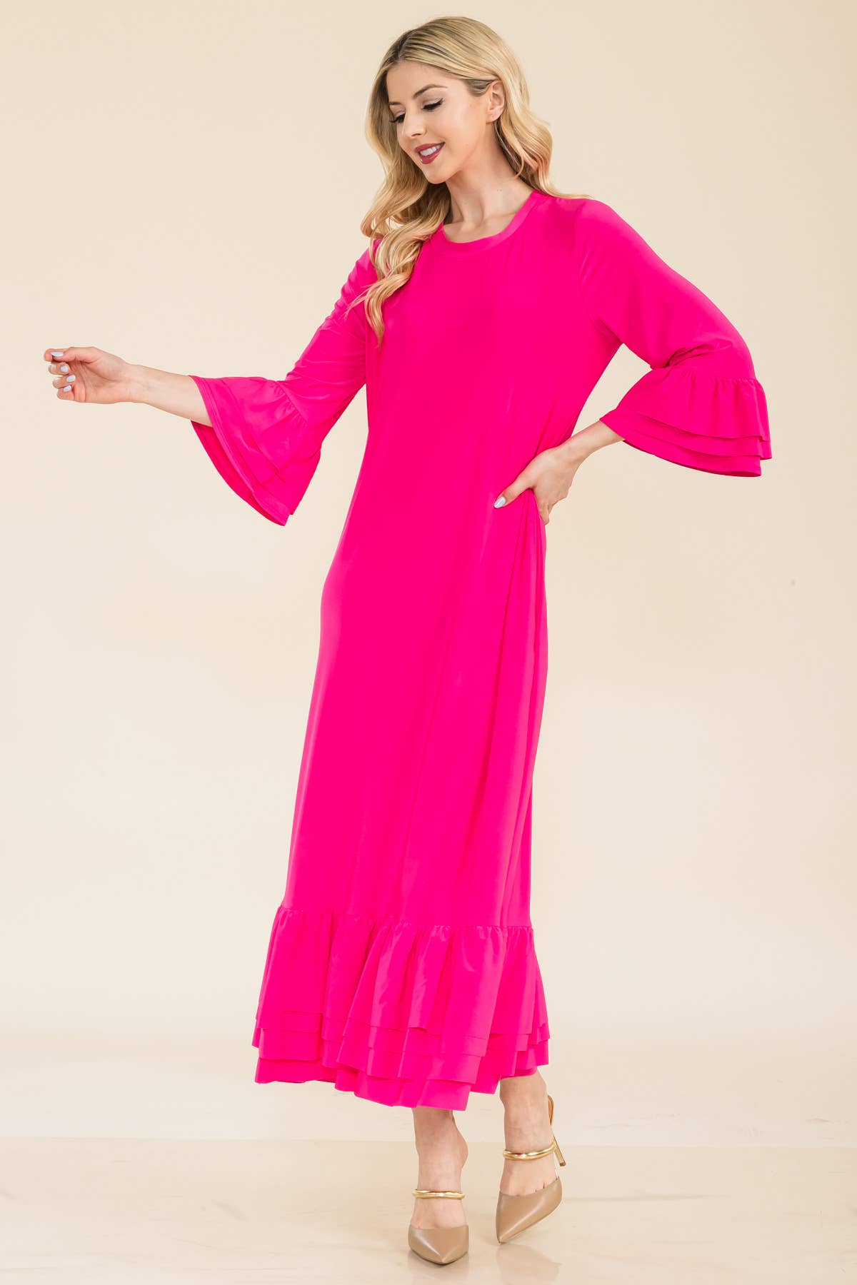 Celeste Clothing – Vestido - Mulher por atacado – VESTIDO MODESTO TAMANHO PLUS COM MANGAS DE SINO EM CAMADAS -CD438982