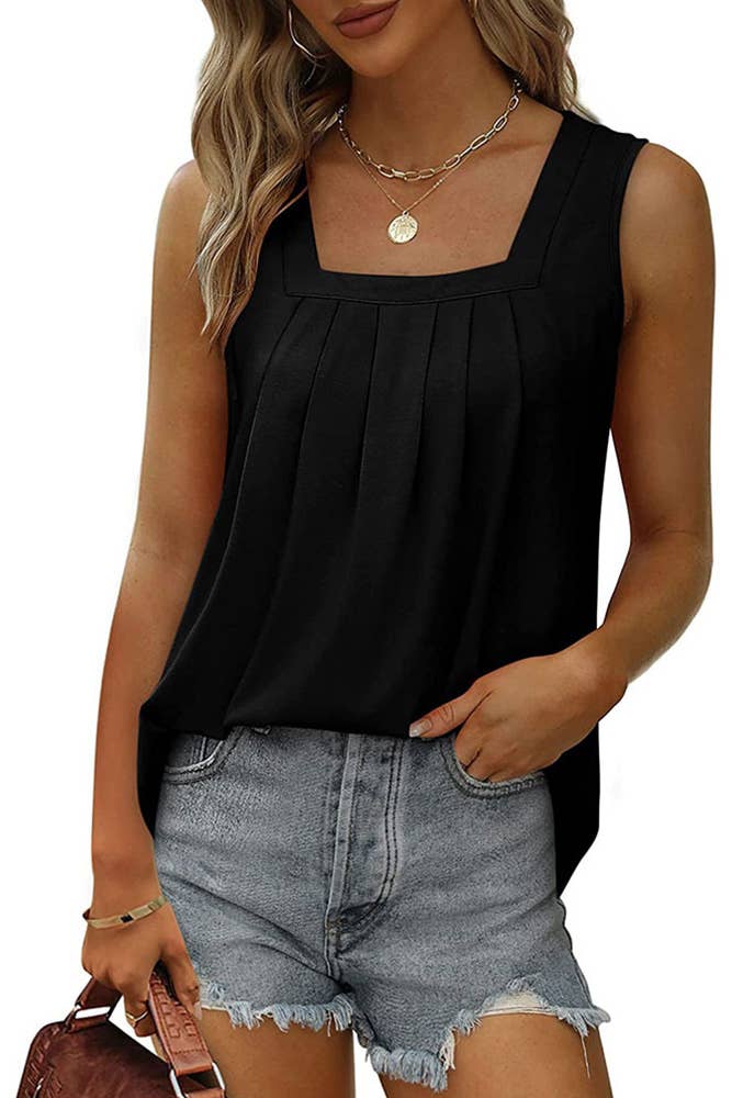 UNISHE - Wholesale Tunic - Women's - Plain Square Neck Tucked Stitching Tank Top ZZKF7847