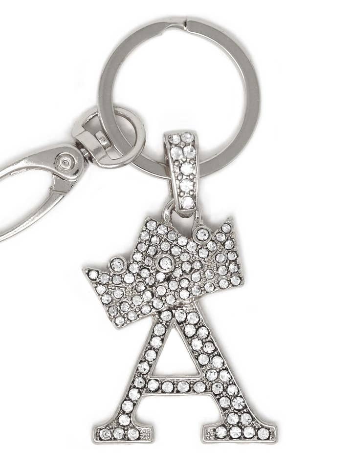 Rhinestone Studded Initial Alphabet Keychain - Silver Tone for wholesale by Cube Enterprise