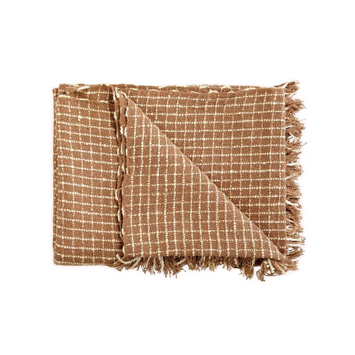 Casa Amarosa – wholesale Throw blanket – Cotton Boucle Small Checkered Throw Blanket Latte Ivory