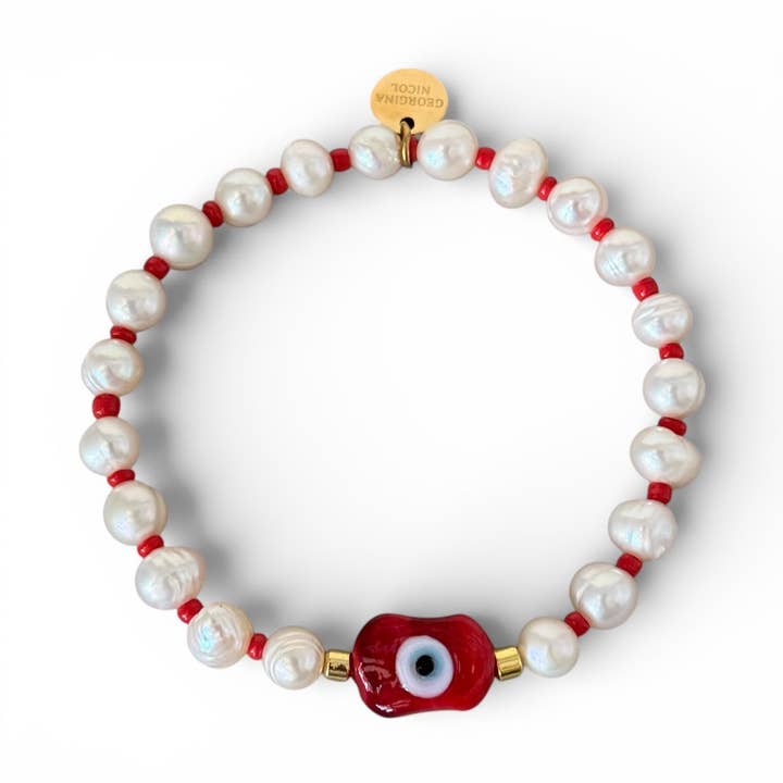 Rood Murano-glas Boze Oog Zoetwaterparel Armband voor wholesale door Georgina Nicol