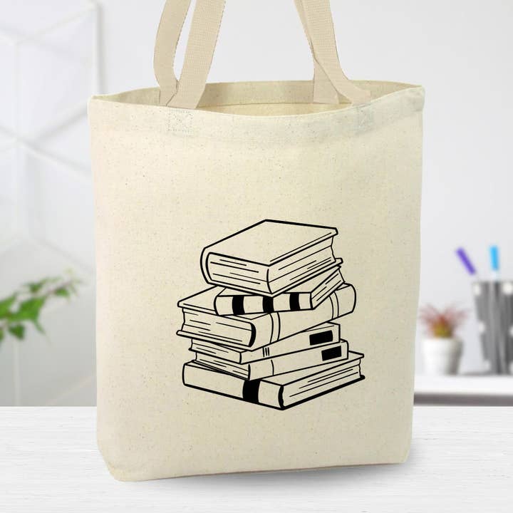 Book Lover Tote Bag, Book Pile Canvas Tote Bag, Custom for wholesale by Anna B. Shop