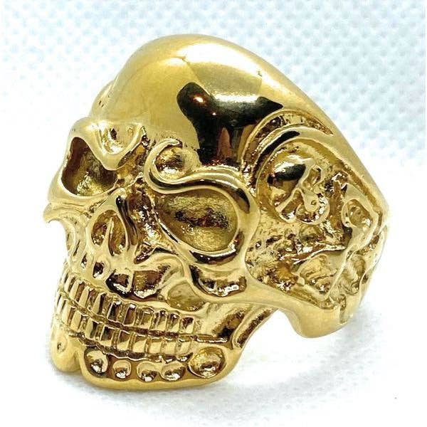 Tom Dourado - Anel Pesado de Caveira de Motociclista com Esqueletos Laterais (#010Gold) por atacado de SkullJewelry.com