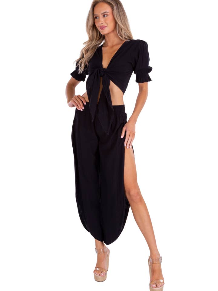 Tie-Front Puff Sleeve Cotton Crop Top – Black for wholesale on Faire4