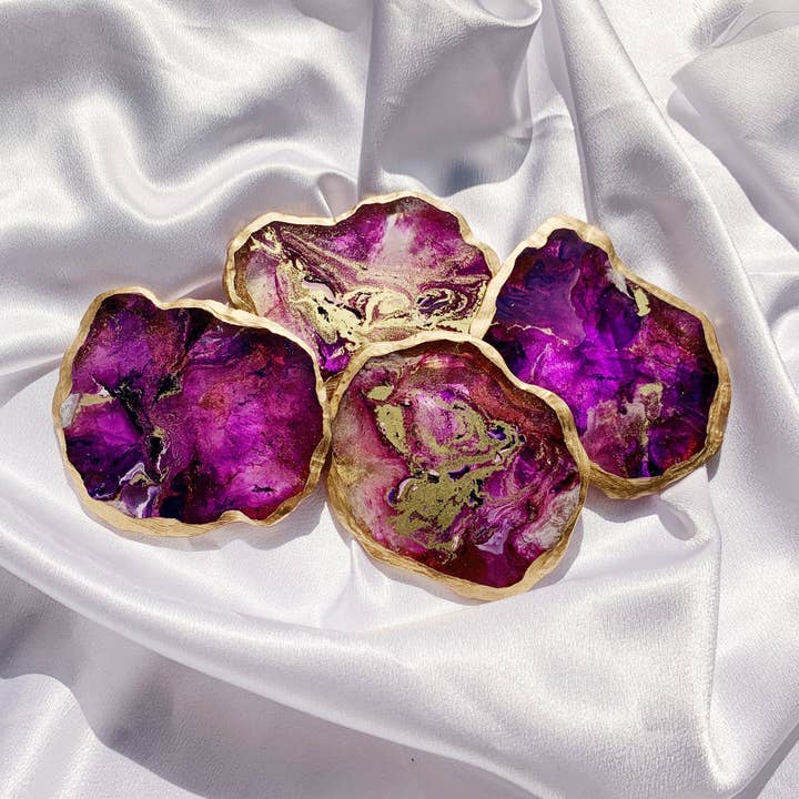 Purple Faux Agate Resin Coaster with Gold Gilded Edge - Set of 2 for wholesale by Nony Design Company