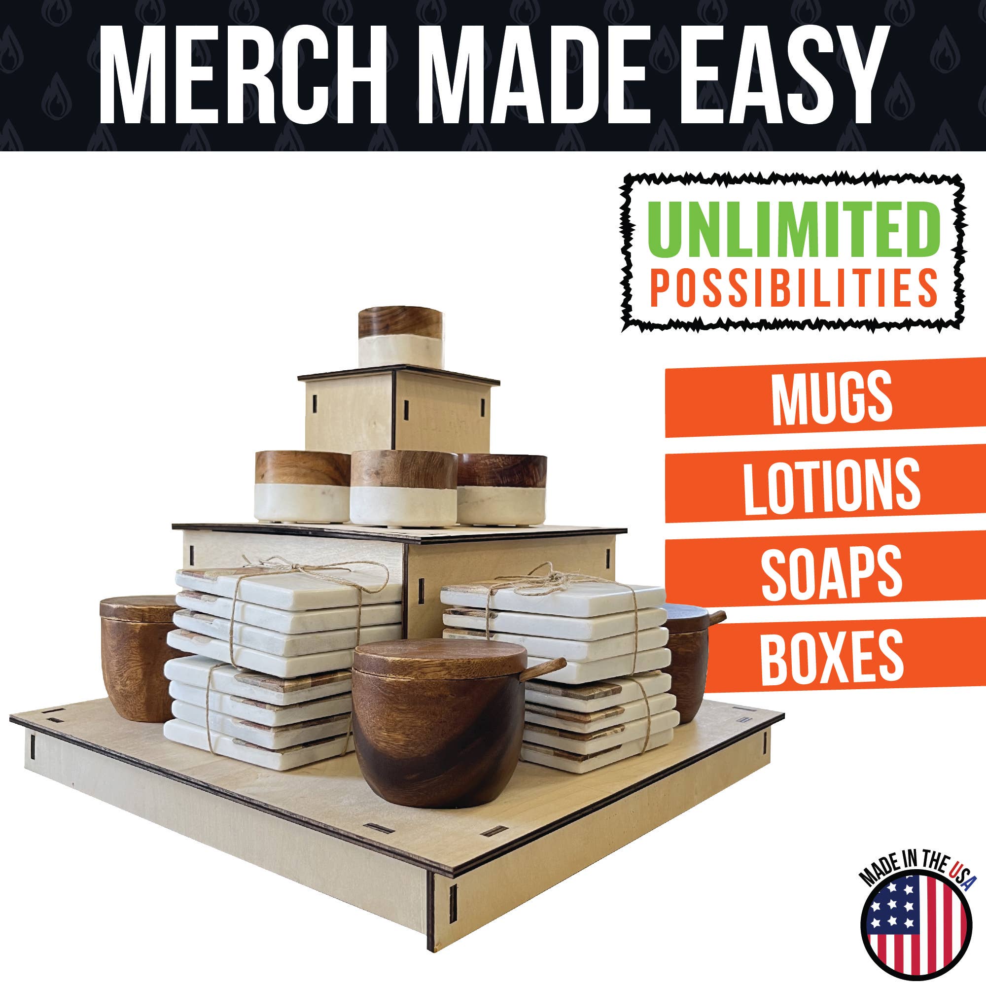 Torched Displays - Wholesale Displaystandaard/case voor retailer - Draagbaar houten displayrek met 3 niveaus voor in de hoek11