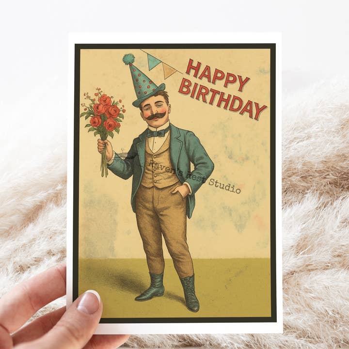 Cheerful Whimsies - Wholesale Birthday card - Birthday Card. Vintage Victorian Man With Hat and Bouquet.