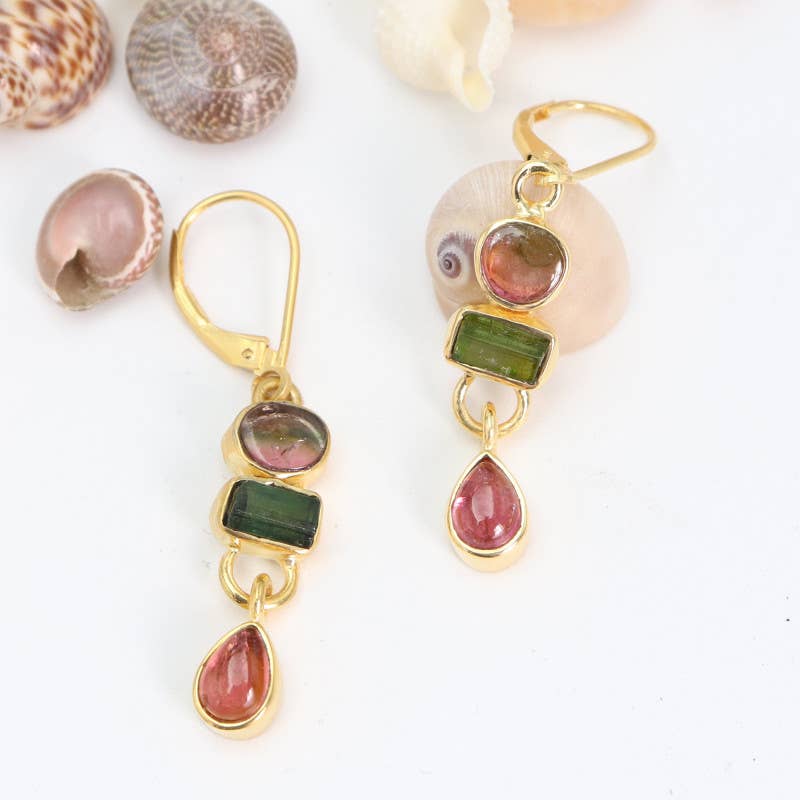 Jay Jools - Wholesale Dangle Earrings - Watermelon Tourmaline Earrings: 925 Solid Silver Gold Plated5