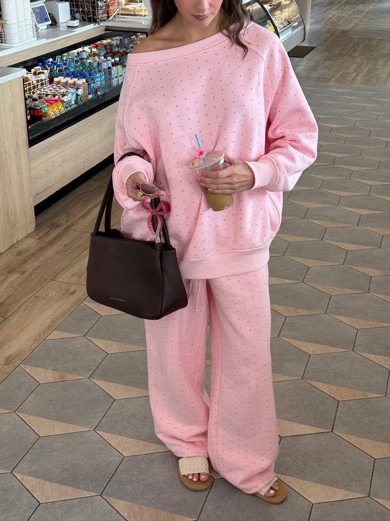 Sunkissed Coconut - Wholesale Sweatshirt - Women's - Light Pink Polka Dot Off The Shoulder Sweatshirt1