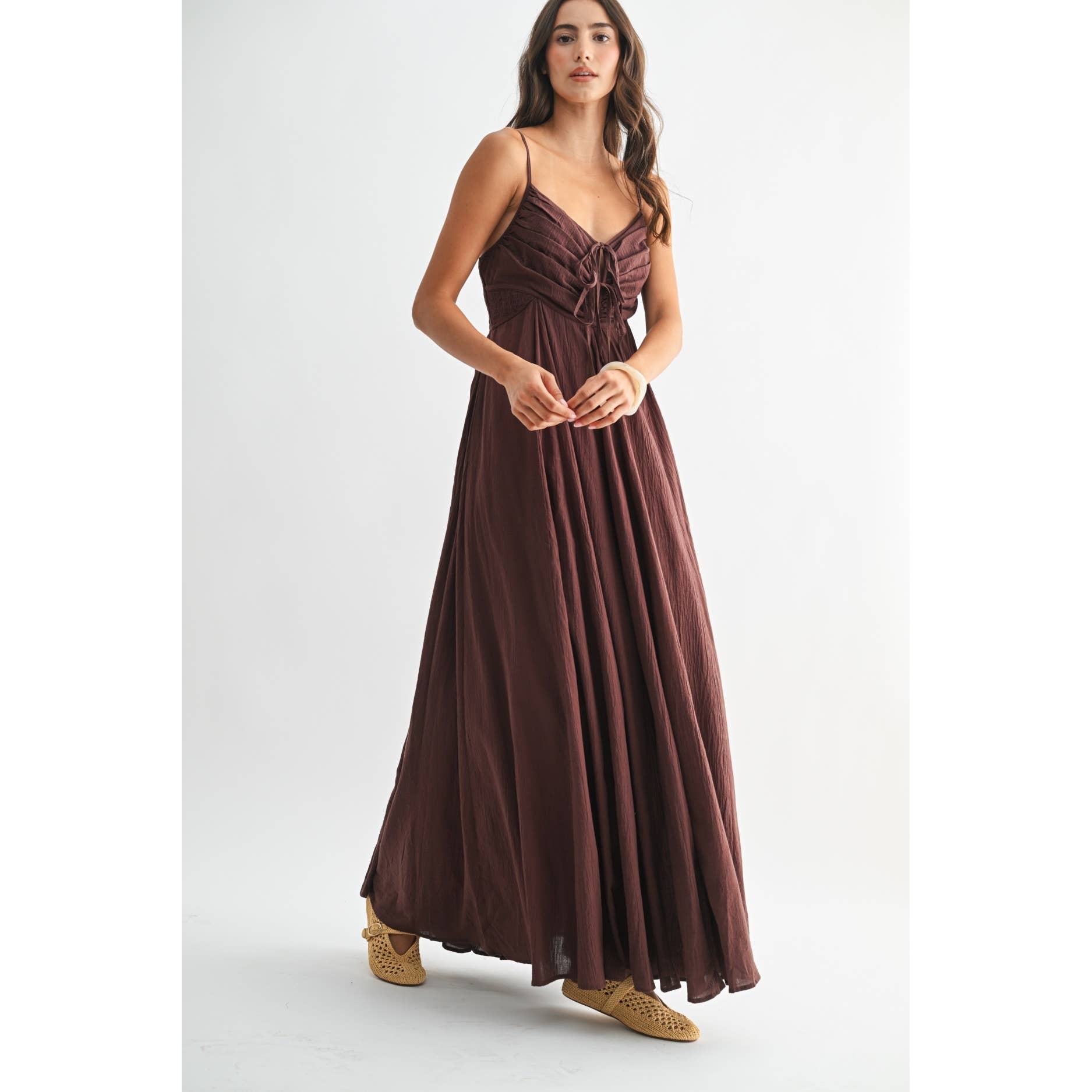 BROWN MAXI DRESS WITH RUCHED BODICE AND ADJUSTABLE STRAP for wholesale on Faire9