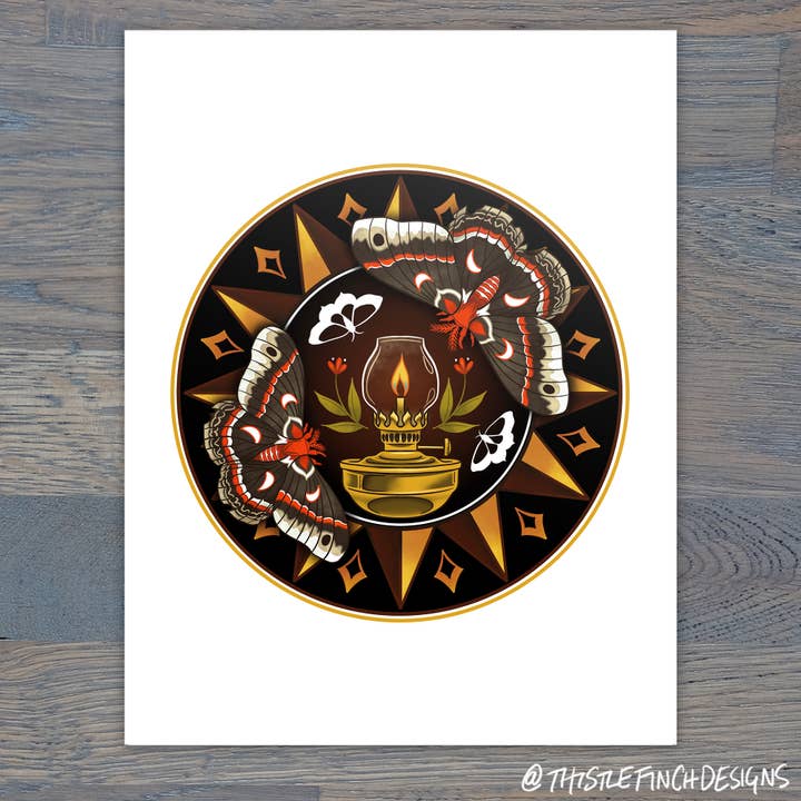 Motten naar een Vlam Hex Teken, Zwaar Mat Digitaal Print voor wholesale door Thistle Finch Designs