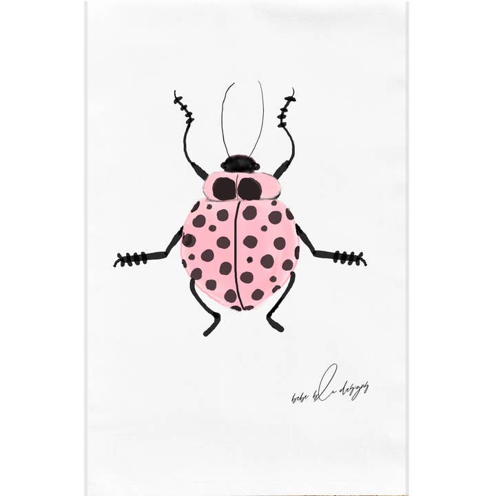 Pink Ladybug Flour Sack Tea Towel, Kitchen Decor, Cotton for wholesale by Bebe Blu Designs, LLC