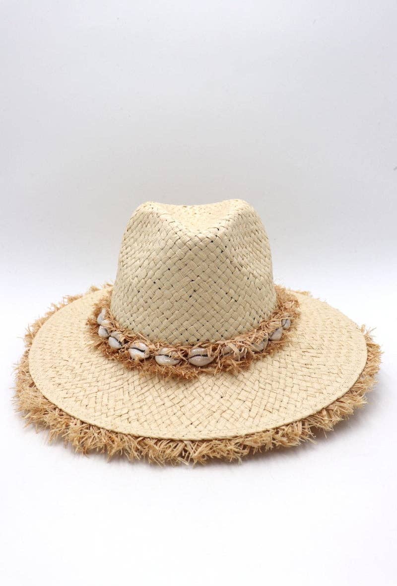 LIL' MOON - Venta al por mayor Sombrero de paja - Mujer - Sombrero con bordes deshilachados y conchas ajustable, talla única0