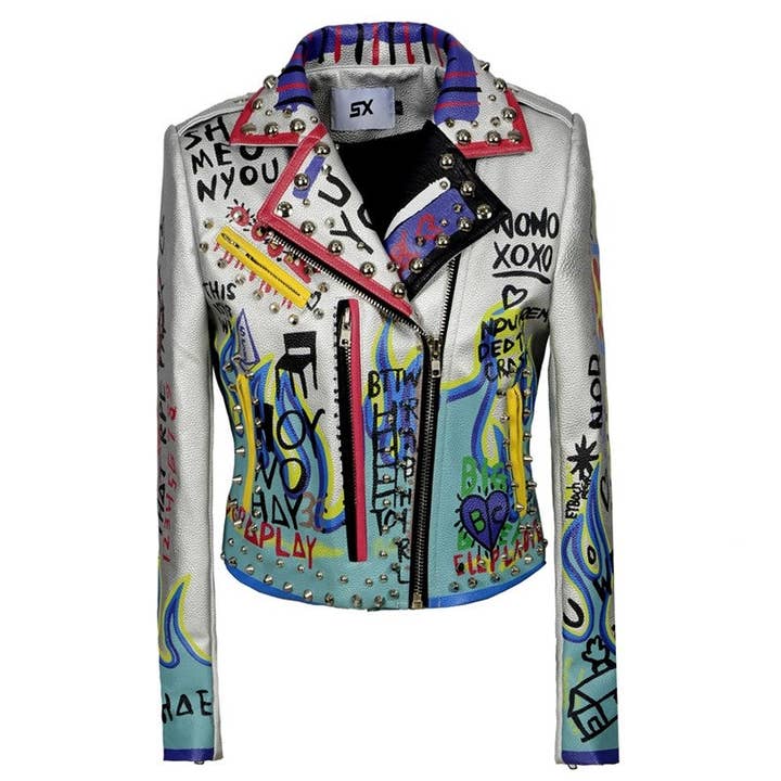 SILVER Punk Fashion Graffiti Rivets Motorcycle Leather Jacket for wholesale on Faire