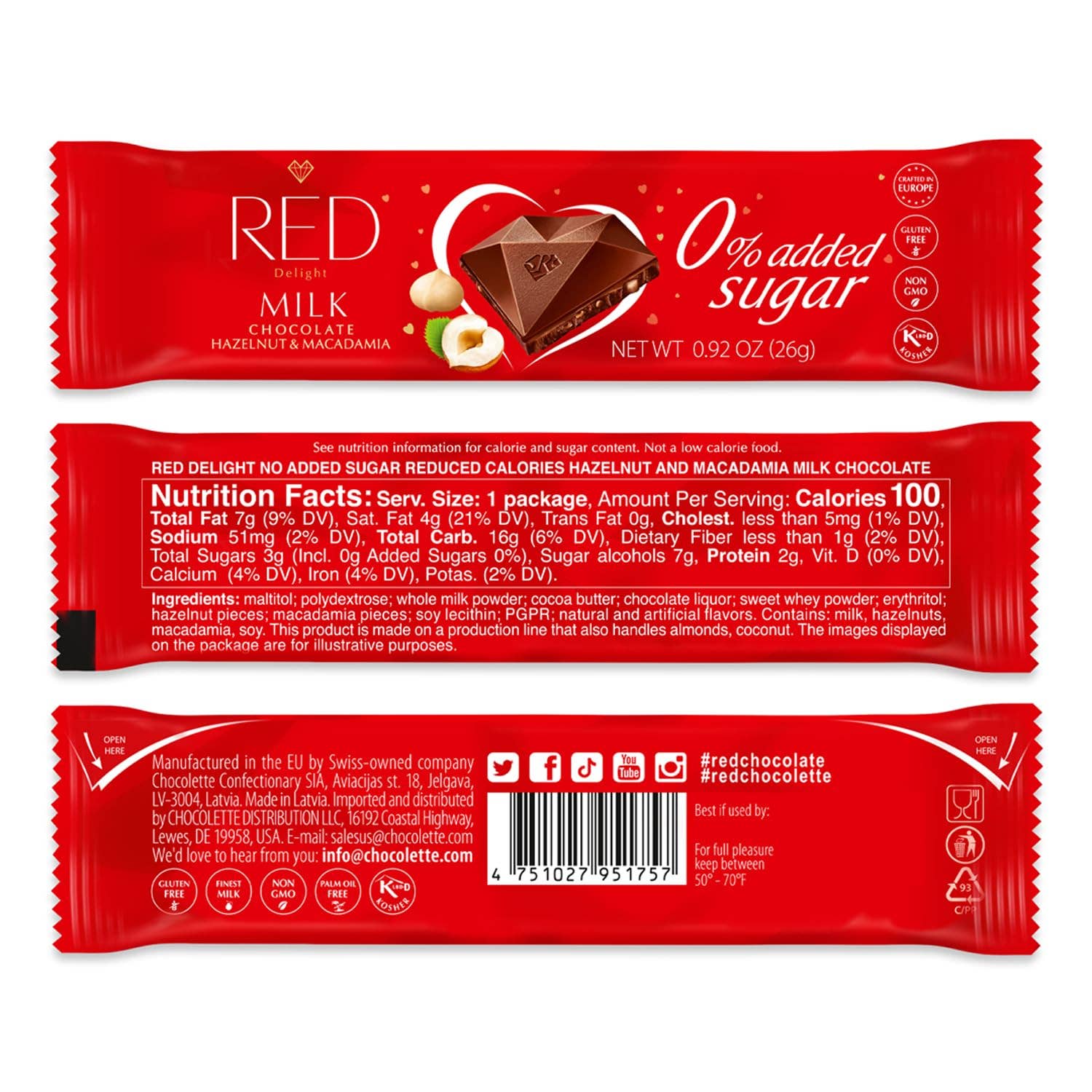 RED Chocolate - Wholesale Chocolate Bar - RED Delight®™Hazelnut & Macadamia Milk Chocolate 0.92oz Bars1