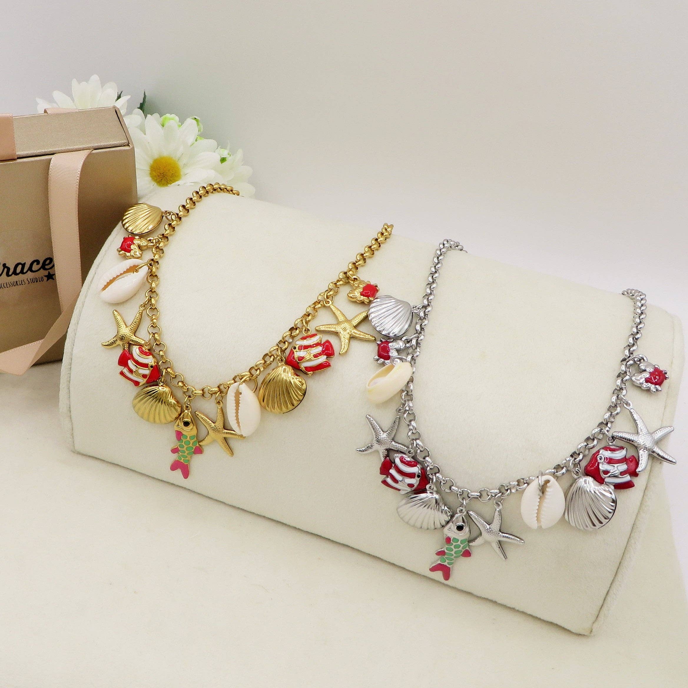 Daemon srls - Wholesale Pendant/Charm Necklace - REEF - Collana con MAXI charms marini smaltati in ACCIAIO INOSSIDABILE +  conchiglie madreperla4