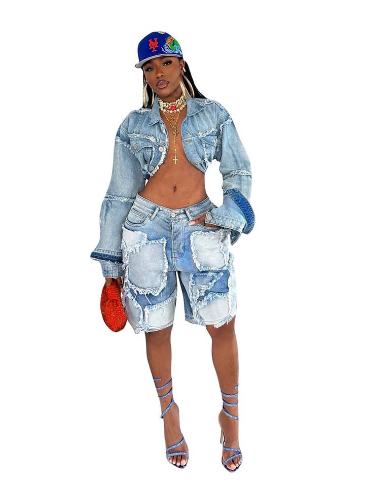 MB FASHION Distressed Denim Patchwork Crop Jacket and Bermuda Shorts Set 1332LY for wholesale by MB Fashion Wholesale