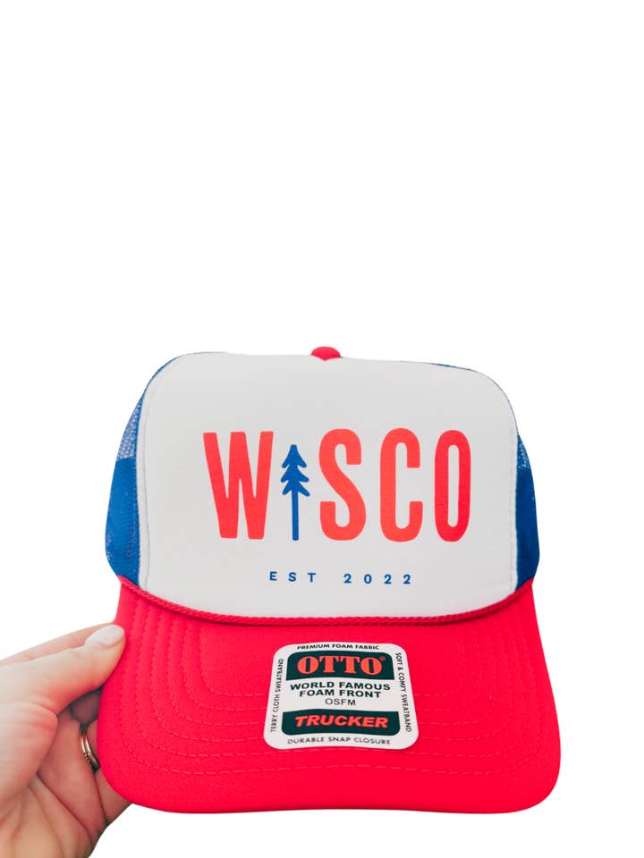 Wisco Trucker Hat - RED WHITE BLUE for wholesale by Wisco Clothing Co.