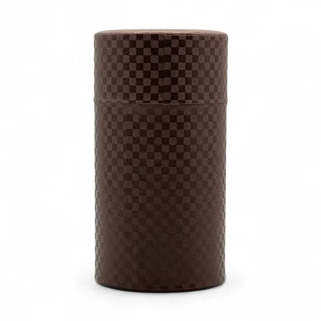 Ichimatsu Checkered Brown Washi Paper Wrapped Tea Canister (L) - Japanese Chazutsu for wholesale by Inoue Tea