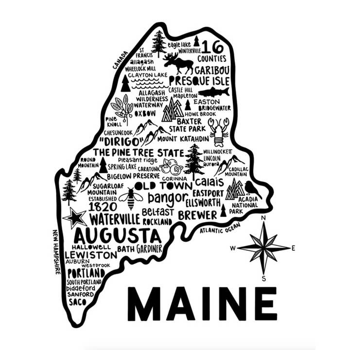 Maine Map White for wholesale by Whereabouts Shop