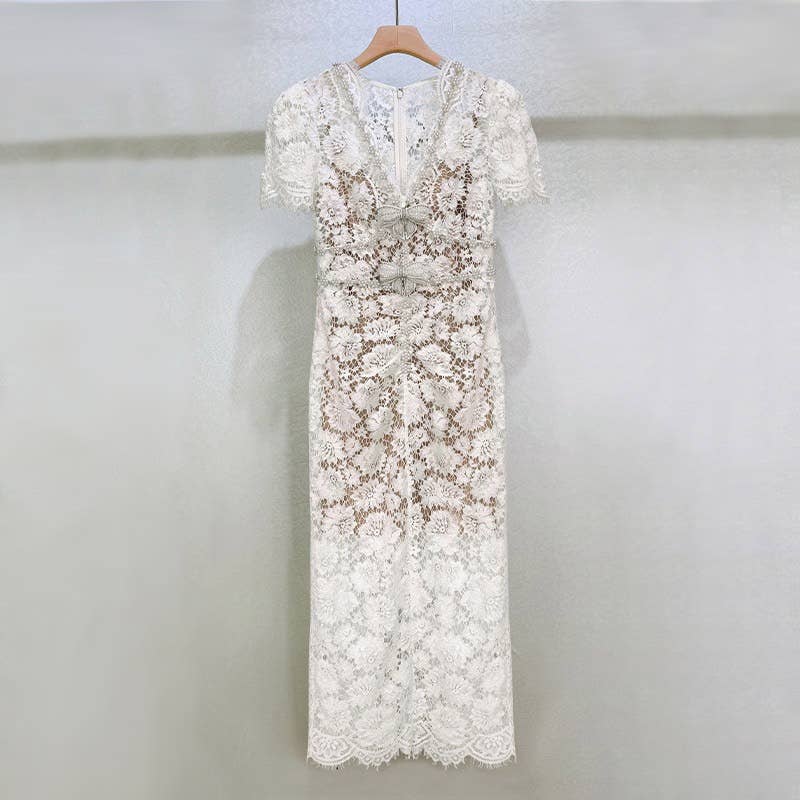 off white DR571Y Elegant Summer Lace Dress with Bowknot and Slim Fit  for wholesale on Faire1