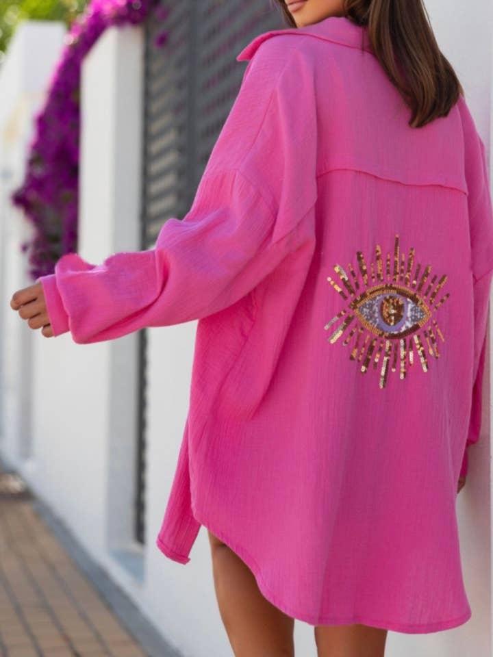 LOOWIE - Wholesale Button Down Shirt - Women's - 622 Barbie Pink Oversized Evil Eye Gauze Cotton Shirt