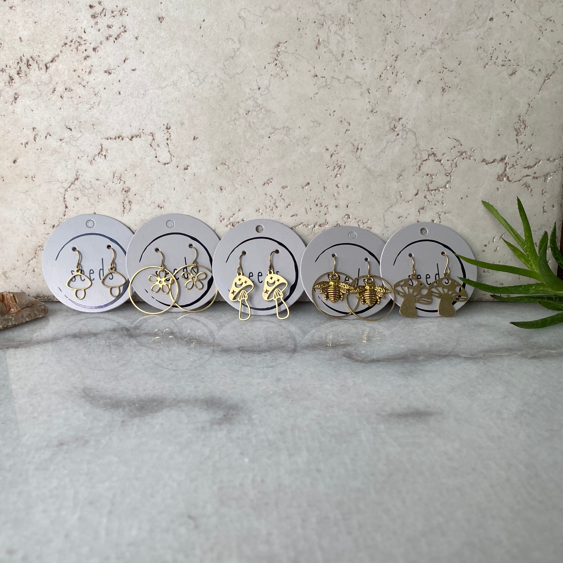 Seeds - Wholesale Dangle Earrings - Nature Charm Earrings | Mushrooms Bees Flowers Brass4