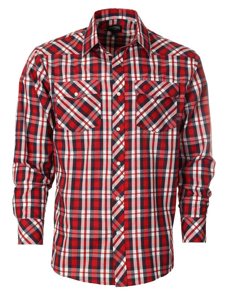 b-one inc - Wholesale Button Down Shirt - Men's - Men's Pearl Snap Button Down Plaid Long Sleeve Western Shirt