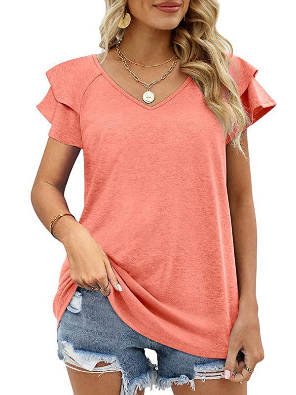 UZ Wholesale Store - Venta al por mayor Blusa - Mujer - Camisetas de manga corta holgadas con volantes en doble capa y escote redondo con junta partida, color sólido17