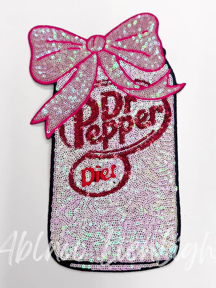 Big Diet Dr Pepper Bow Sequins Iron On Patch for wholesale by ABLNco