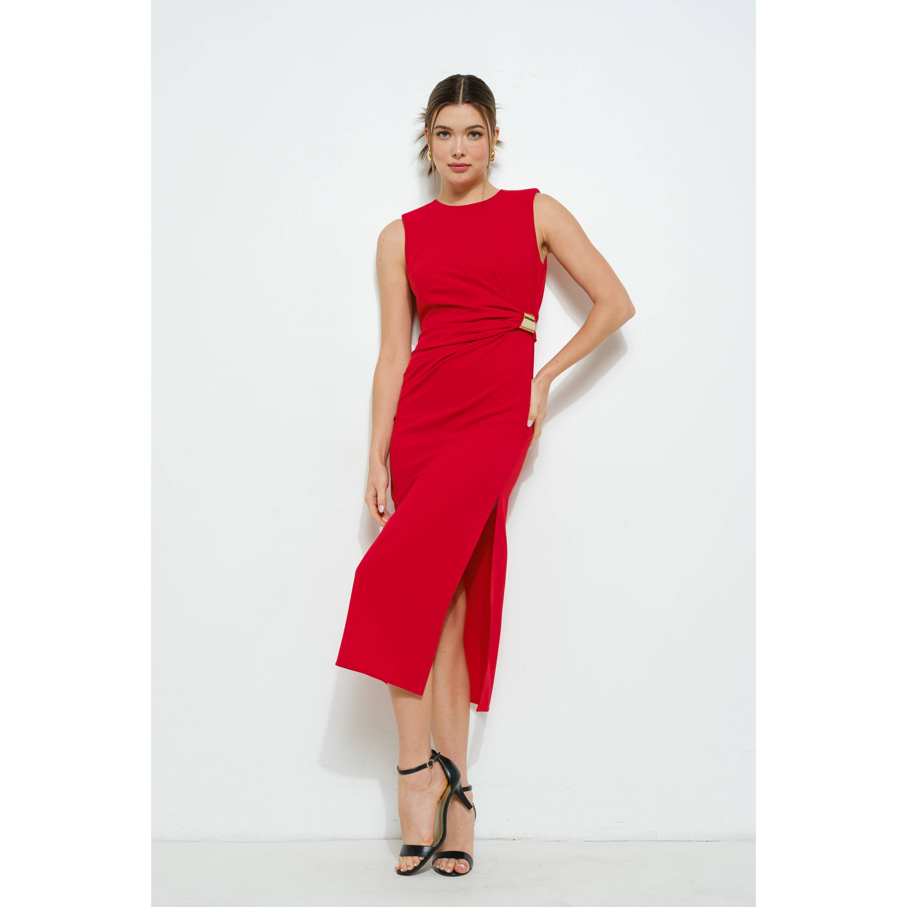 INA - Vendita all'ingrosso Vestito - Donna - Abito midi senza maniche con drappeggio e accenti dorati16