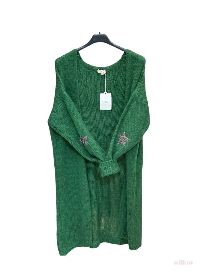 MOONSUN – wholesale Kofta - Dam – Tjock lång kofta med mohair och stjärnor vid armbågarna #3559 -1