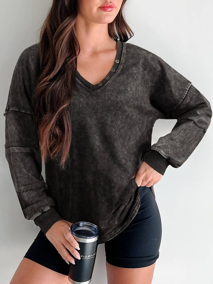 Carbon Grey Mineral Wash Exposed Seam Buttoned V Neck Pullover Top for wholesale by Lovesoft
