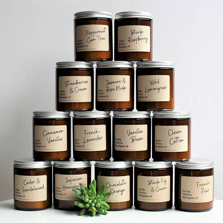 Little Motto Designs - Wholesale Jar/Filled Candle - 14 FRAGRANCES | 2 SIZES | Amber Boxed Candle Jar