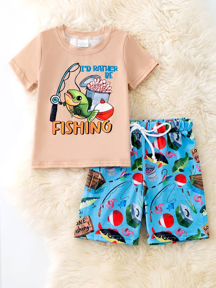 Kids Charm Online - Wholesale Top & Short Set - Kids - "I'd rather be fishing" Cream tee-shirt and blue fish printed shorts. OFB50112 SOL