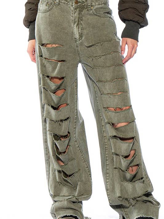 Shred Effect Olivfärgade Distressed Denimbyxor för wholesale av Rehab Lab