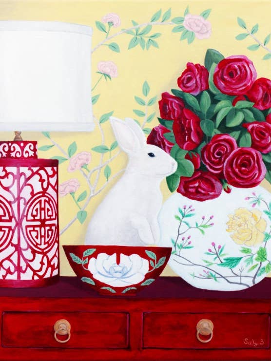 Affiche décorative : lapin, roses et vase chinoiserie jaune et rouge pour la vente par Sally B