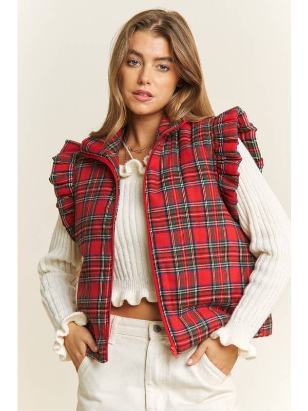 RED EVERYDAY PLAID PUFF ZIP UP VEST JACKET with ARMHOL for wholesale on Faire3