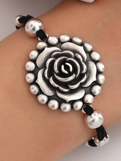 Handmade silvertone suede real leather flower bracelet for wholesale by AVENS